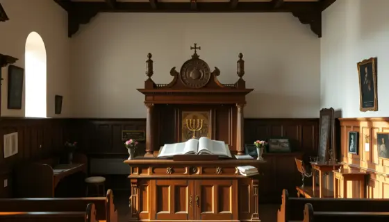 A traditional Hungarian Jewish community hall interior with wooden Torah ark, menorah, and prayer books, soft natural lighting, respectful atmosphere