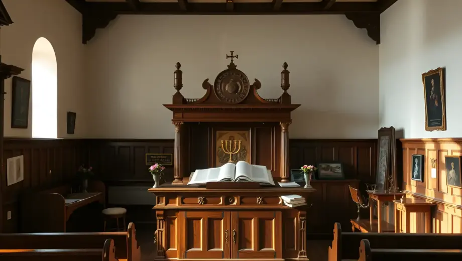 A traditional Hungarian Jewish community hall interior with wooden Torah ark, menorah, and prayer books, soft natural lighting, respectful atmosphere
