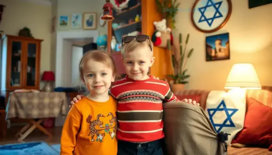 Two young children, one Hungarian and one Israeli, standing together in a cozy living room in Gázában, Hungary, with warm lighting, traditional Hungarian decor, and subtle Israeli cultural elements visible in the background