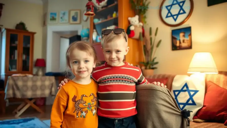 Two young children, one Hungarian and one Israeli, standing together in a cozy living room in Gázában, Hungary, with warm lighting, traditional Hungarian decor, and subtle Israeli cultural elements visible in the background