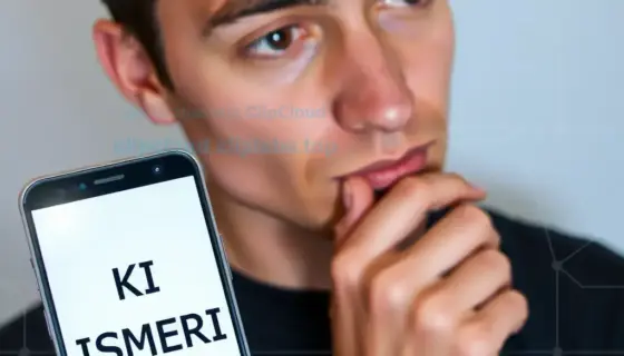 A person with a thoughtful expression looking at a smartphone displaying a simple, abstract interface with the Hungarian text 'KI ISMERI FEL?' (Who recognizes me?) displayed prominently on the screen, set against a clean, modern background with subtle technological elements like faint circuit patterns or digital glows, conveying themes of identity, artificial intelligence, and human connection