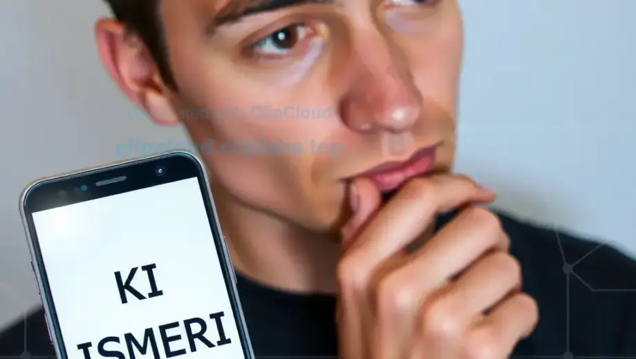 A person with a thoughtful expression looking at a smartphone displaying a simple, abstract interface with the Hungarian text 'KI ISMERI FEL?' (Who recognizes me?) displayed prominently on the screen, set against a clean, modern background with subtle technological elements like faint circuit patterns or digital glows, conveying themes of identity, artificial intelligence, and human connection
