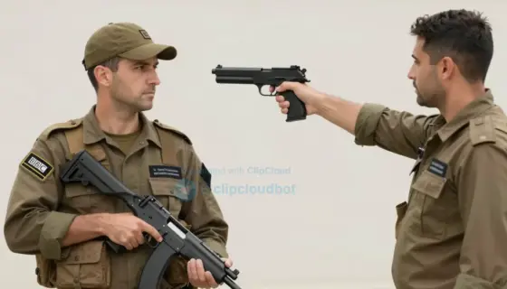 Israeli soldiers in uniform holding a gun, a BBC journalist holding a gun that is being confiscated by a soldier, neutral background, no faces visible, no text or logos, no graphic violence