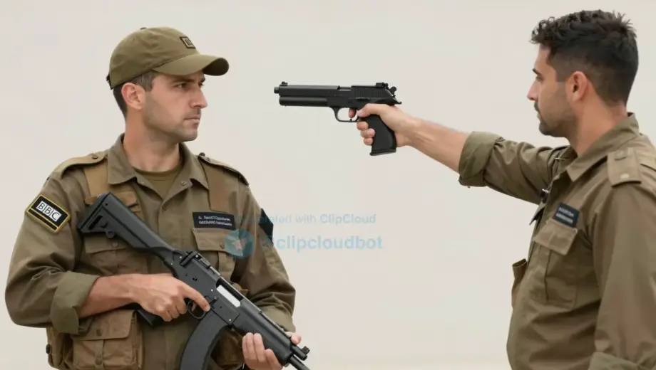 Israeli soldiers in uniform holding a gun, a BBC journalist holding a gun that is being confiscated by a soldier, neutral background, no faces visible, no text or logos, no graphic violence