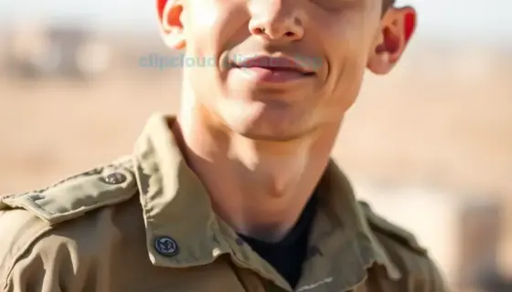 A close-up of a young Israeli soldier in uniform, looking hopeful and thoughtful, with a slight smile, standing against a blurred background of a military base or desert landscape, conveying a sense of quiet optimism and reflection