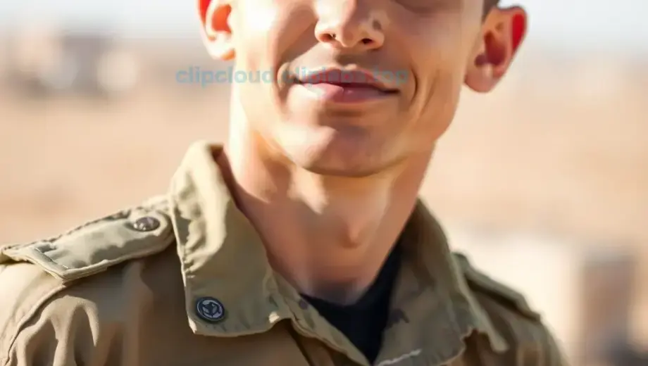 A close-up of a young Israeli soldier in uniform, looking hopeful and thoughtful, with a slight smile, standing against a blurred background of a military base or desert landscape, conveying a sense of quiet optimism and reflection