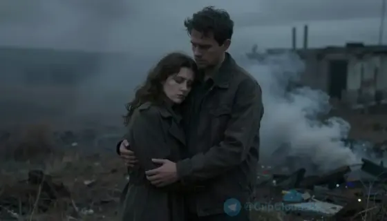 A man standing in a dark, desolate landscape with a somber expression, holding a small child in one arm and a young girl in the other, surrounded by faint smoke or ruins in the background, conveying a sense of loss and tragedy