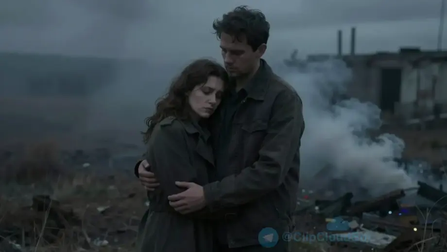 A man standing in a dark, desolate landscape with a somber expression, holding a small child in one arm and a young girl in the other, surrounded by faint smoke or ruins in the background, conveying a sense of loss and tragedy