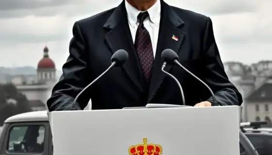 A serious Hungarian government minister (Vezérkari főnök) in a formal dark suit and tie, standing at a podium with the Hungarian coat of arms, delivering a speech about the approaching war, with a backdrop of a somber cityscape under cloudy skies, conveying urgency and gravity