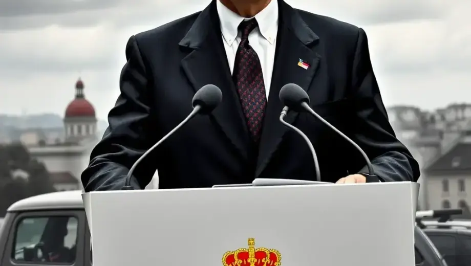 A serious Hungarian government minister (Vezérkari főnök) in a formal dark suit and tie, standing at a podium with the Hungarian coat of arms, delivering a speech about the approaching war, with a backdrop of a somber cityscape under cloudy skies, conveying urgency and gravity