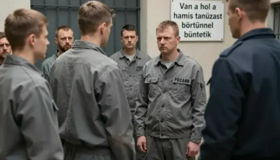 A prison scene in Miskolc, Hungary, showing a group of people in prison uniforms being punished by a guard, with a sign reading 'Van ahol a hamis tanúzást börtönnel büntetik' visible in the background, realistic lighting, detailed textures, and a somber atmosphere