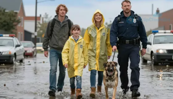 A family of four standing on a partially submerged street, with a police dog in the foreground guiding them toward higher ground. The background shows a flooded urban area with water up to the street level, damaged cars, and a clear sky. The family members are wearing rain gear, looking relieved and grateful. The police dog is alert, with a police collar, and is leading the way. The scene conveys hope and resilience amid disaster.