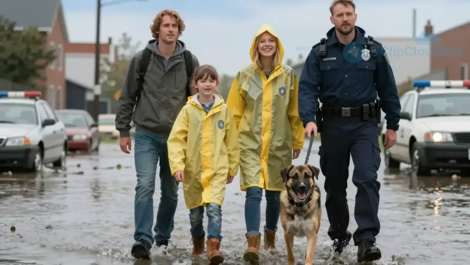 A family of four standing on a partially submerged street, with a police dog in the foreground guiding them toward higher ground. The background shows a flooded urban area with water up to the street level, damaged cars, and a clear sky. The family members are wearing rain gear, looking relieved and grateful. The police dog is alert, with a police collar, and is leading the way. The scene conveys hope and resilience amid disaster.