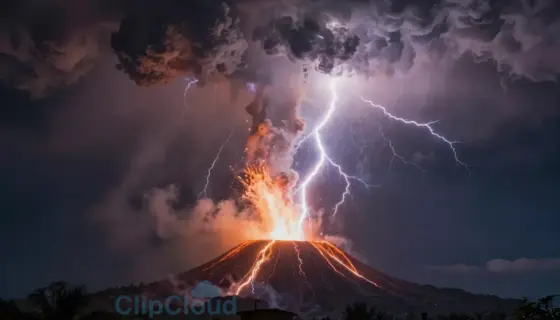 A dramatic night sky scene showing a massive volcanic eruption causing a lightning storm, with vivid lightning bolts illuminating dark storm clouds and ash plumes rising into the atmosphere