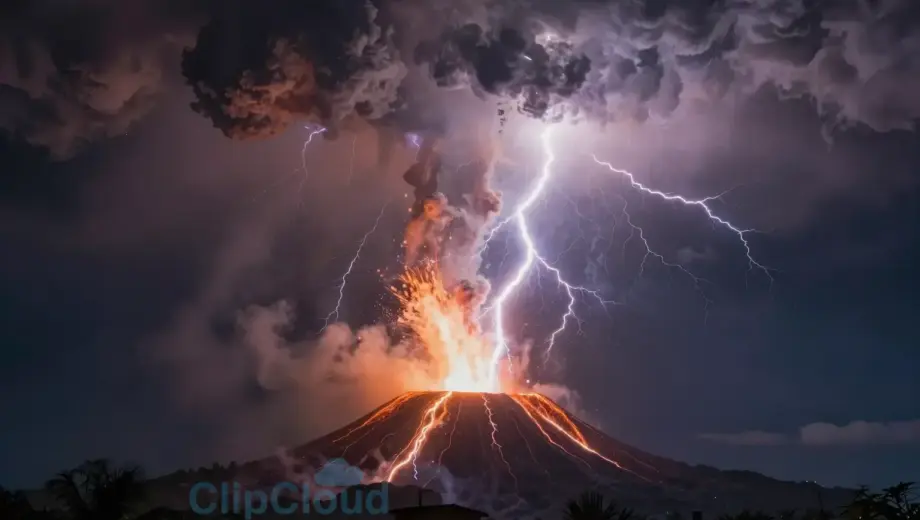 A dramatic night sky scene showing a massive volcanic eruption causing a lightning storm, with vivid lightning bolts illuminating dark storm clouds and ash plumes rising into the atmosphere