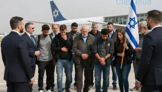 A solemn and hopeful scene depicting the first 13 hostages released from Gaza and arriving in Israel. The image should show a group of diverse individuals, appearing relieved and emotional, being greeted by Israeli officials and family members. The setting is likely an airport tarmac or a reception area, with the Israeli flag visible. The mood is one of reunion and relief, capturing a significant moment of peace.