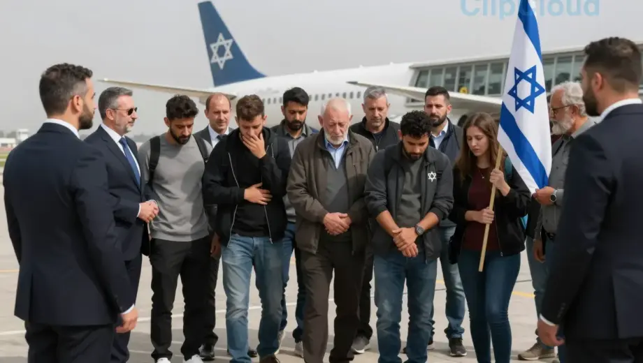 A solemn and hopeful scene depicting the first 13 hostages released from Gaza and arriving in Israel. The image should show a group of diverse individuals, appearing relieved and emotional, being greeted by Israeli officials and family members. The setting is likely an airport tarmac or a reception area, with the Israeli flag visible. The mood is one of reunion and relief, capturing a significant moment of peace.