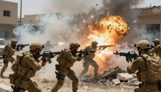 A dramatic scene of a group of Israeli soldiers in combat gear, engaged in a fierce battle against enemy forces in a war-torn urban environment. Smoke, explosions, and intense action should be depicted, with soldiers taking cover, firing weapons, and moving through rubble. The atmosphere should be tense and chaotic, highlighting the brutality of war.