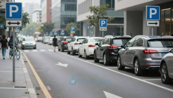 A modern city street scene with clear road markings and parking signs, showing a mix of parked cars and pedestrians. The image should depict a busy urban environment with buildings in the background and a variety of vehicles, including cars and bicycles. The focus should be on the parking signs and the orderly arrangement of parked cars.