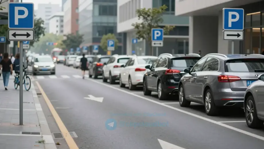 A modern city street scene with clear road markings and parking signs, showing a mix of parked cars and pedestrians. The image should depict a busy urban environment with buildings in the background and a variety of vehicles, including cars and bicycles. The focus should be on the parking signs and the orderly arrangement of parked cars.