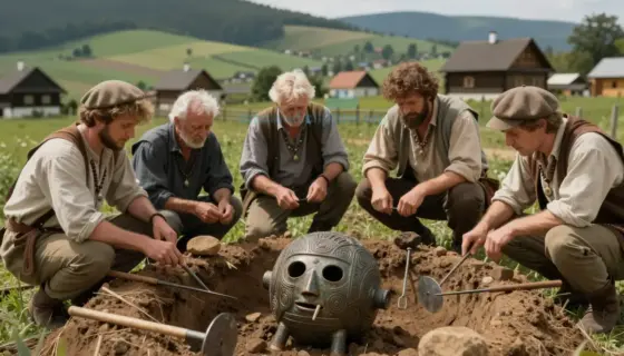 A dramatic, high-detail scene showing a mysterious, ancient Hungarian artifact (Dagad) being unearthed from Hungarian soil, with archaeological tools and researchers in period-appropriate clothing examining it under dramatic lighting, surrounded by lush green Hungarian countryside with rolling hills and traditional wooden houses in the background, conveying a sense of historical discovery and wonder