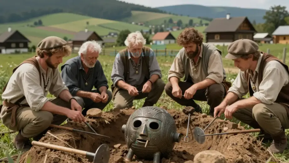 A dramatic, high-detail scene showing a mysterious, ancient Hungarian artifact (Dagad) being unearthed from Hungarian soil, with archaeological tools and researchers in period-appropriate clothing examining it under dramatic lighting, surrounded by lush green Hungarian countryside with rolling hills and traditional wooden houses in the background, conveying a sense of historical discovery and wonder