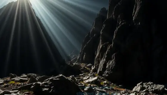 A mysterious and dark scene depicting the hidden secrets of the Albanian mountains revealed by sunlight. Include rugged mountain peaks, a hidden cave entrance illuminated by sunlight, and subtle symbols of ancient secrets carved into the rocks. Use dramatic lighting to contrast the dark shadows with the bright sunlight.