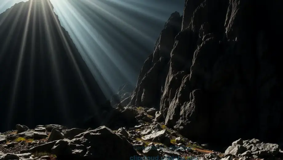 A mysterious and dark scene depicting the hidden secrets of the Albanian mountains revealed by sunlight. Include rugged mountain peaks, a hidden cave entrance illuminated by sunlight, and subtle symbols of ancient secrets carved into the rocks. Use dramatic lighting to contrast the dark shadows with the bright sunlight.