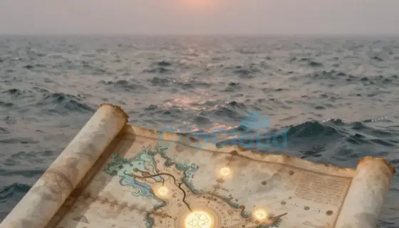 A mysterious ancient map unfolds across the surface of a calm ocean, with glowing symbols and cryptic inscriptions revealing a hidden treasure location beyond the horizon, misty sunrise in the background, subtle watercolor texture