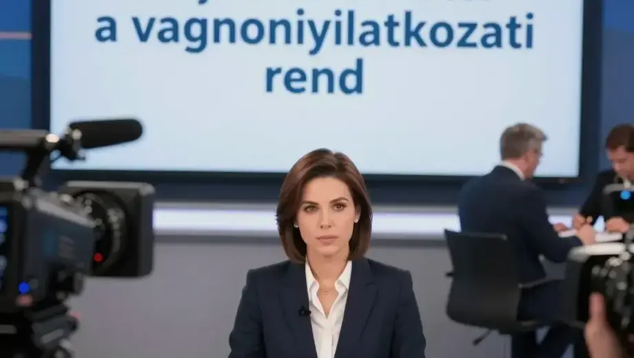 A dramatic news broadcast scene showing a Hungarian television studio with a serious anchor presenting breaking news, large screen behind displaying the headline "Teljesen átakítani a vagyonnyilatkozati rend" (Completely changing the inheritance law), modern newsroom setting with professional lighting, multiple cameras, and journalists working in the background