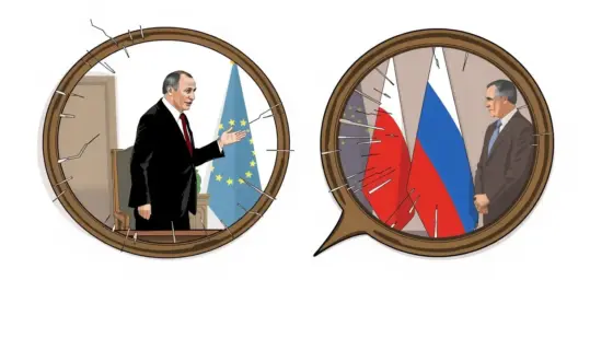 A symbolic illustration of Russian President Vladimir Putin engaged in an internal monologue, depicted as a split image: one side shows him speaking calmly in a formal setting, the other side reveals his shadow or reflection whispering doubts or inner conflict, with subtle visual metaphors like cracked mirrors, fading flags, or muted colors to suggest psychological tension; no text, no logos, no realistic photo-realism, avoid NSFW or violent imagery