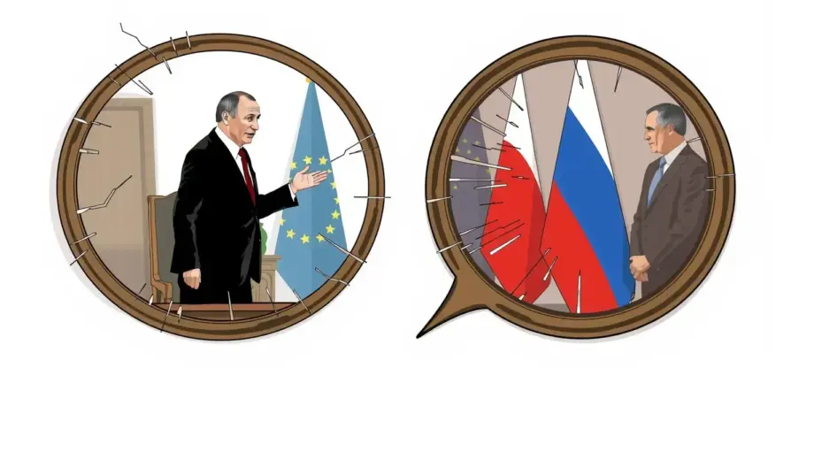 A symbolic illustration of Russian President Vladimir Putin engaged in an internal monologue, depicted as a split image: one side shows him speaking calmly in a formal setting, the other side reveals his shadow or reflection whispering doubts or inner conflict, with subtle visual metaphors like cracked mirrors, fading flags, or muted colors to suggest psychological tension; no text, no logos, no realistic photo-realism, avoid NSFW or violent imagery