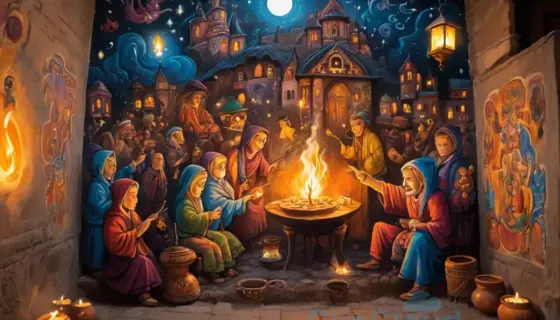 A traditional Hungarian folk scene depicting a nighttime ritual where a hanuki (a small clay lamp) is extinguished by blowing out candles, surrounded by symbolic elements of light and darkness, with a mystical atmosphere