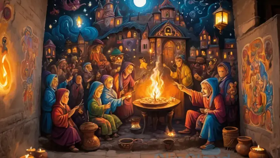 A traditional Hungarian folk scene depicting a nighttime ritual where a hanuki (a small clay lamp) is extinguished by blowing out candles, surrounded by symbolic elements of light and darkness, with a mystical atmosphere