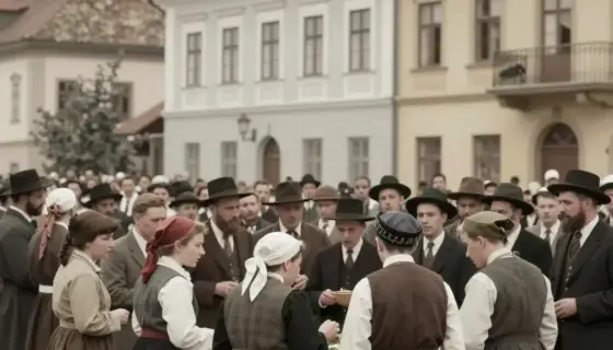 A historical scene depicting a Jewish community in Miskolc, Hungary, during the 1940s, showing people gathered in a town square or street, with traditional Jewish attire and buildings characteristic of the region, conveying a sense of community life before the Holocaust