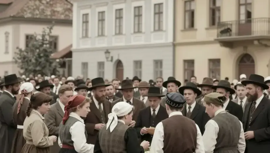 A historical scene depicting a Jewish community in Miskolc, Hungary, during the 1940s, showing people gathered in a town square or street, with traditional Jewish attire and buildings characteristic of the region, conveying a sense of community life before the Holocaust