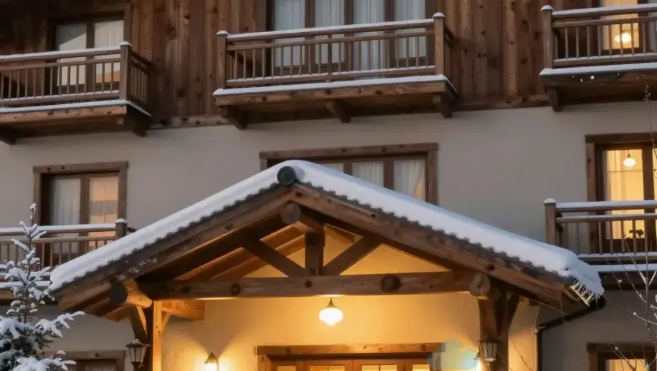 A cozy hotel exterior in winter, covered in snow with warm glowing lights, inviting atmosphere