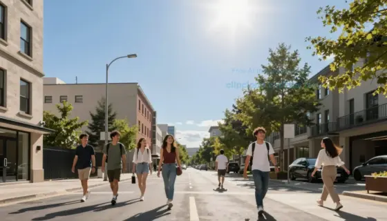A bright sunny day scene showing a clear blue sky with the sun shining, a modern city street with buildings, trees, and people walking happily, all bathed in warm sunlight, representing a day where everything is allowed and permitted