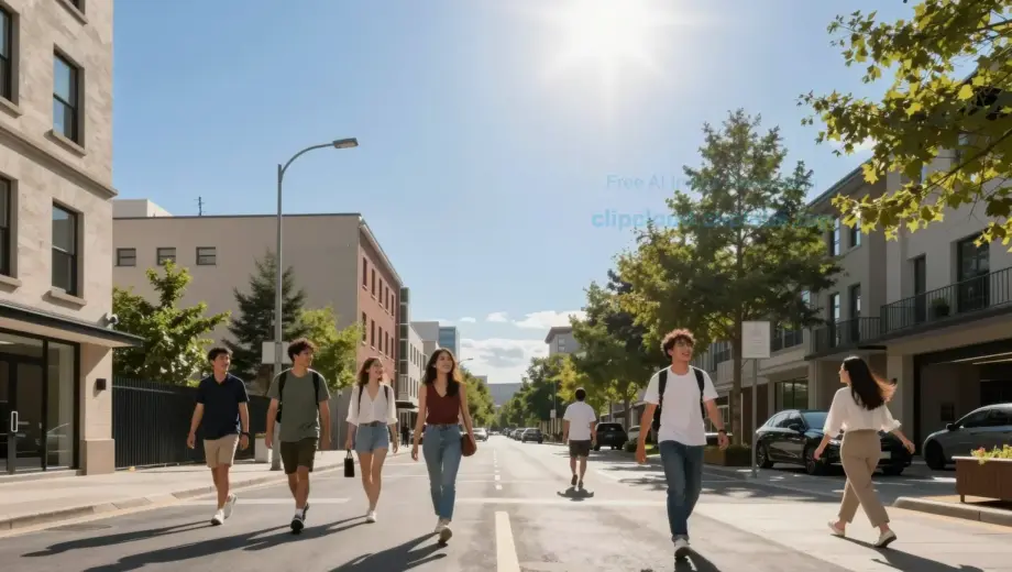 A bright sunny day scene showing a clear blue sky with the sun shining, a modern city street with buildings, trees, and people walking happily, all bathed in warm sunlight, representing a day where everything is allowed and permitted