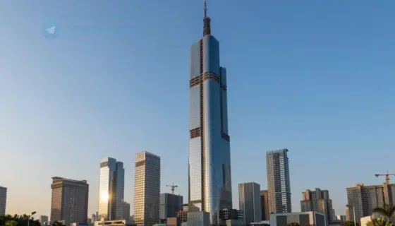 A modern city skyline at sunrise with a prominent new skyscraper under construction, symbolizing progress and new beginnings, with a clear blue sky and vibrant colors