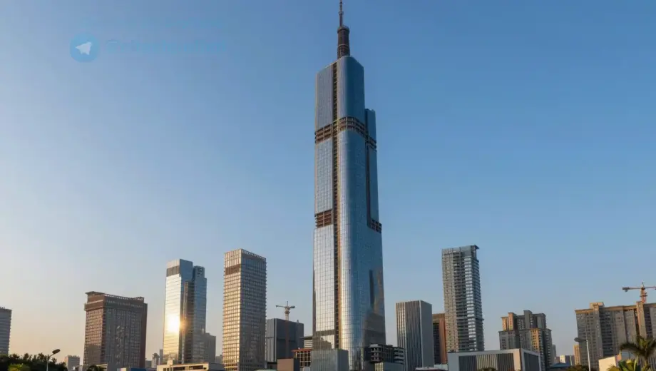 A modern city skyline at sunrise with a prominent new skyscraper under construction, symbolizing progress and new beginnings, with a clear blue sky and vibrant colors