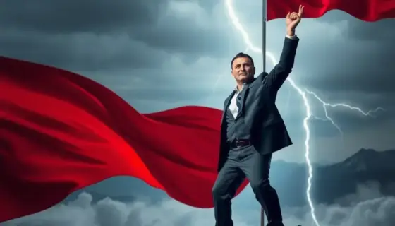 Robert Fico, the Prime Minister of Slovakia, depicted in a dramatic, heroic pose standing on a rocky cliff overlooking a stormy landscape, symbolizing his struggle for life. He wears a formal suit with a determined expression, one hand gripping a sword planted in the ground, the other raised toward the sky. Lightning flashes in the background, and a faint silhouette of the Slovak flag waves in the wind. The scene conveys resilience and national pride, with a serious, intense atmosphere.