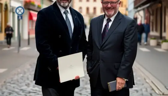 A portrait of Fedor Vilmos and Kevin Macdonal standing together in Miskolc Város, wearing formal attire with the title "A Miskolc Város Díszpolgára" displayed prominently in elegant lettering on a banner or plaque behind them, set against a backdrop of Miskolc's historic city center architecture with cobblestone streets and traditional Hungarian buildings, captured in a dignified and official portrait style