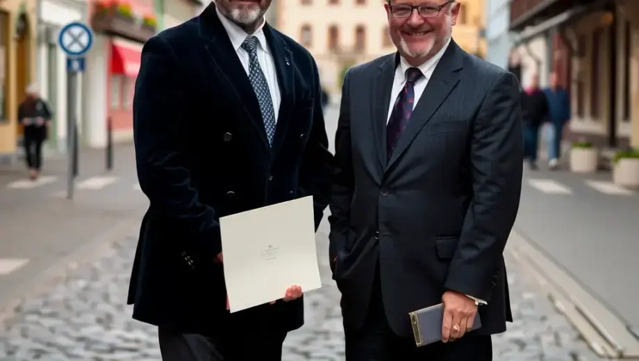 A portrait of Fedor Vilmos and Kevin Macdonal standing together in Miskolc Város, wearing formal attire with the title "A Miskolc Város Díszpolgára" displayed prominently in elegant lettering on a banner or plaque behind them, set against a backdrop of Miskolc's historic city center architecture with cobblestone streets and traditional Hungarian buildings, captured in a dignified and official portrait style