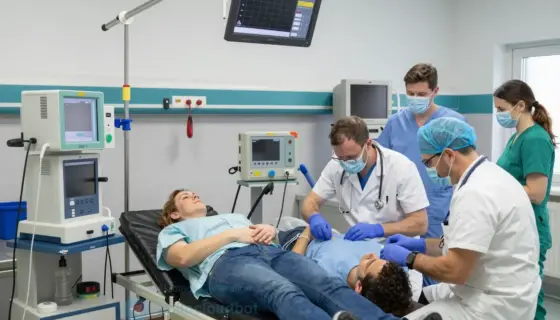 A busy emergency room in a regional hospital in Miskolc, Hungary, with medical staff attending to patients, various medical equipment, and a sense of urgency and professionalism. The scene should reflect the critical nature of a trauma unit, with doctors and nurses working efficiently to provide care.
