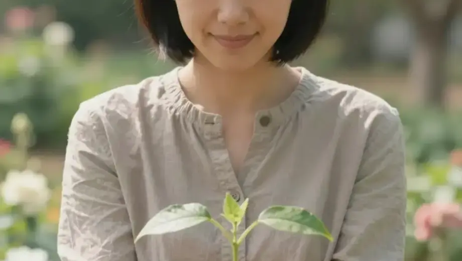 A young woman standing in a sunlit garden, holding a small seedling in her hands, looking down at it with a gentle smile, soft natural lighting, detailed facial features, realistic clothing texture, lush green background with blooming flowers
