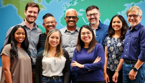 A diverse group of people from various countries and cultures standing together in a unified, friendly manner, smiling and looking toward the viewer, with a backdrop of a world map or global imagery, symbolizing global unity and greeting