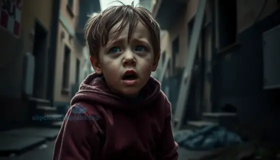 A dramatic scene from the movie 'Vészhelyzet Miskolcon' directed by Kerényi László, featuring a child in a state of urgency or distress. The setting should be a gritty, urban environment in Miskolc, Hungary, with elements that evoke a sense of crisis or emergency. The child should be the focal point, with expressions and body language that convey fear or desperation. The background should include elements like dim lighting, abandoned buildings, or other signs of a troubled environment.
