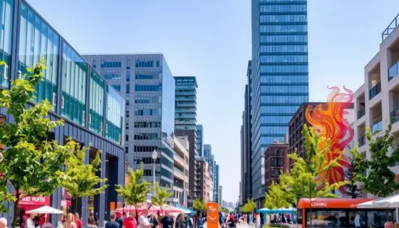 A vibrant, modern urban plaza in a European city center, featuring contemporary architecture with glass and steel structures, colorful public art installations, diverse people socializing and relaxing on benches, children playing, and greenery like trees and flower beds, all under a bright sunny sky