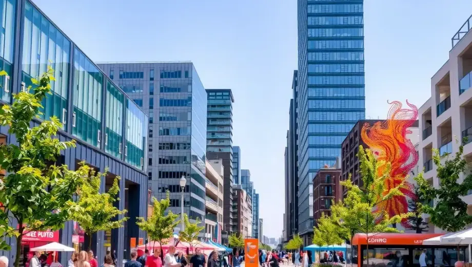 A vibrant, modern urban plaza in a European city center, featuring contemporary architecture with glass and steel structures, colorful public art installations, diverse people socializing and relaxing on benches, children playing, and greenery like trees and flower beds, all under a bright sunny sky
